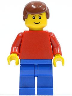 LEGO Minifigure-Plain Red Torso with Red Arms, Blue Legs, Reddish Brown Male Hair, Brown Eyebrows, Thin Grin-Town-PLN168-Creative Brick Builders
